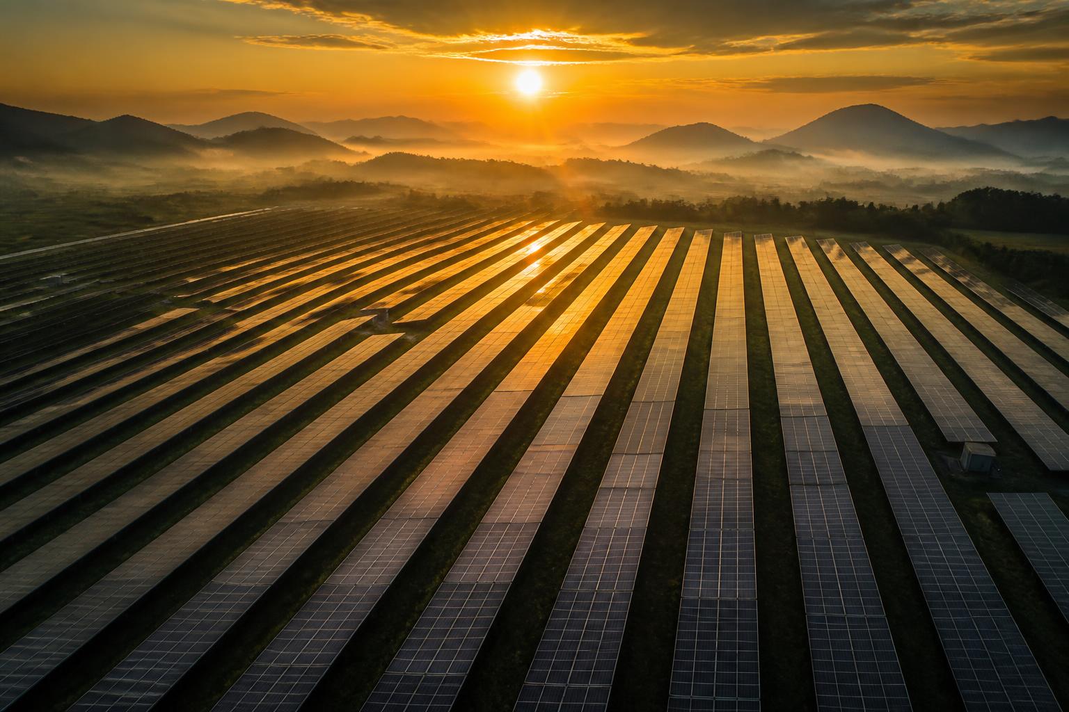 Aerial view of a solar field at sunrise